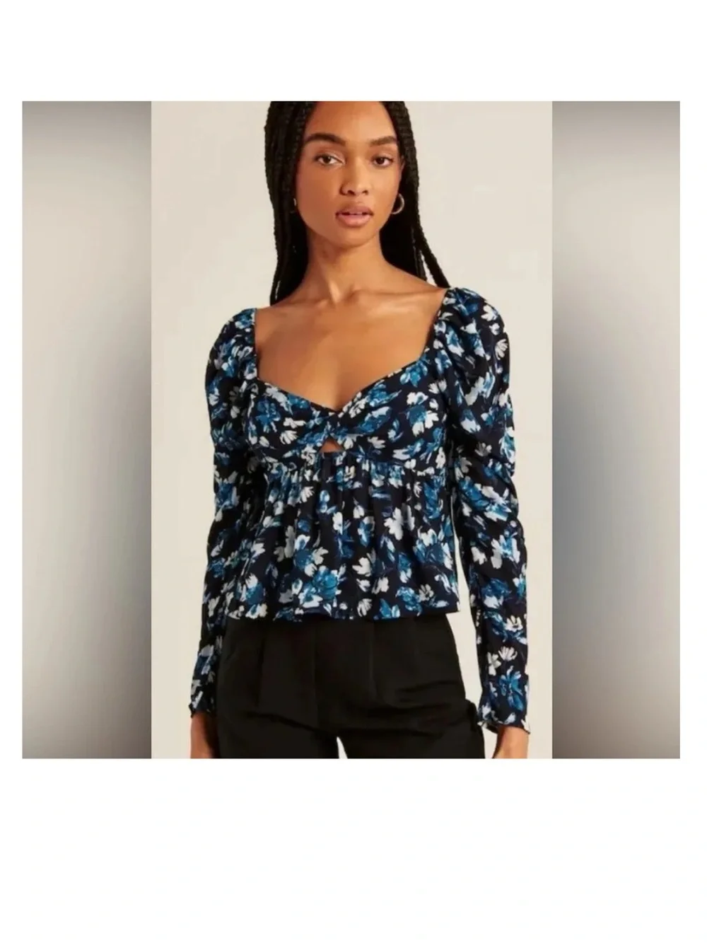 Abercrombie & Fitch Women’s Blue Floral Long Sleeve Smocked Peplum Babydoll Top